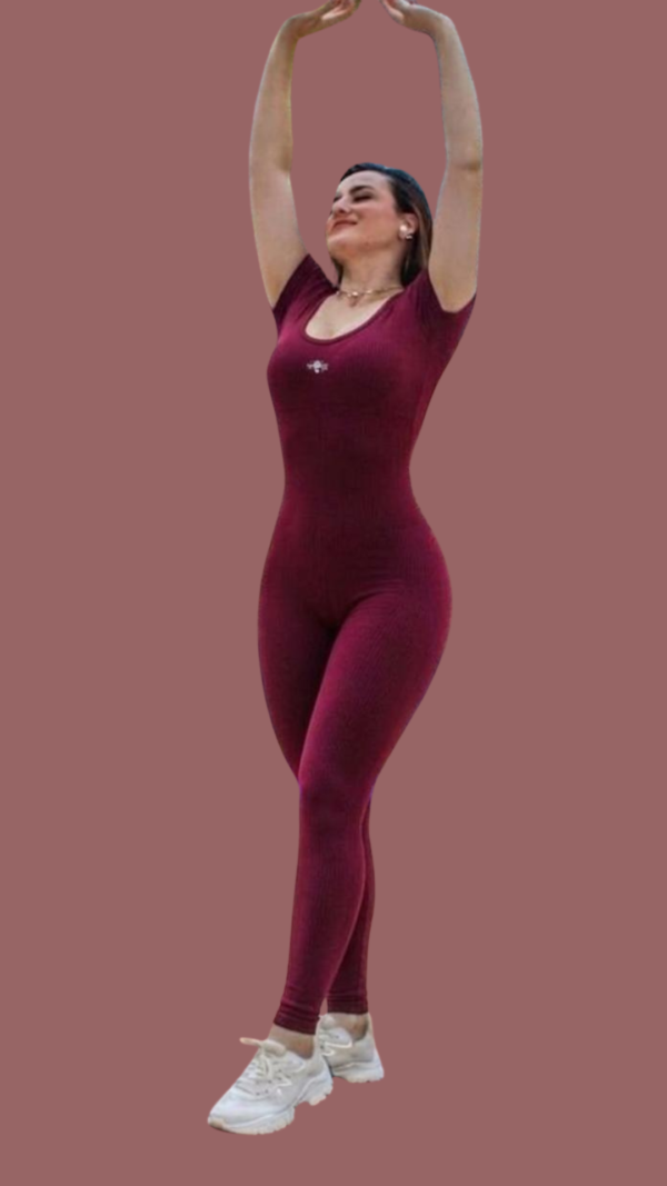 78 Macacão Longo Manga Curta Costa Aberta Fitness - Fênix Gym - Bordô - Imagem 1